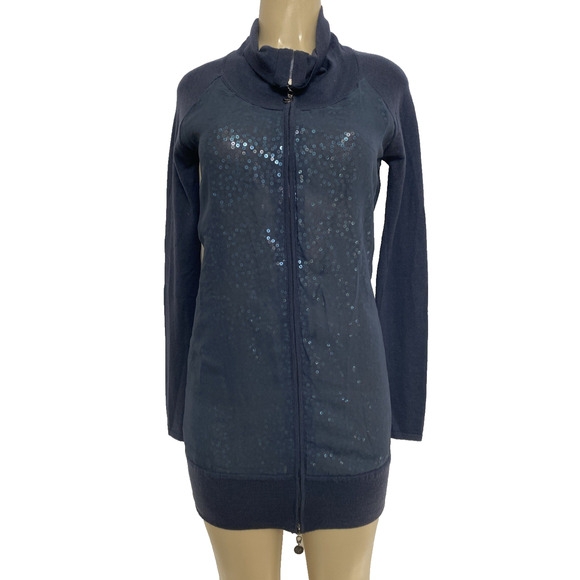 Patrizia Pepe Sera Cardigan Sweater Sequin Wool Silk Long Sleeve Navy Blue Zip S - Picture 1 of 8